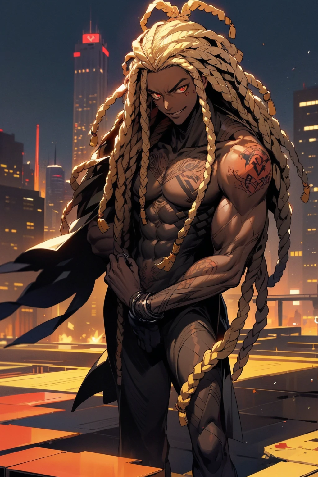 1male, dark skin, dreadlocks, grinning, golden eyes, red and black suit, tattoos, city background, detailed background, hands to side, standing on path