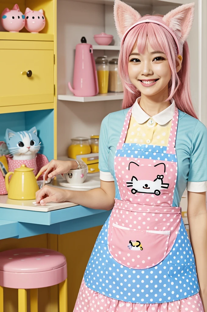 Sanrio character, adorable nose, pastel pink, blue and yellow fur, friendly smile, matching apron with cat ears, polka dot skirt