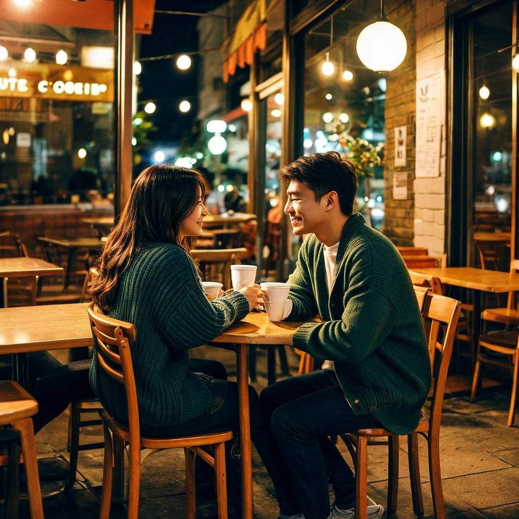 "Small town cafe、Outside, the soft light of dusk shines in.。The view of the town can be seen from the cafe window.、There is a warm atmosphere。There are two cups and a plate on the table.、A young couple is sitting in casual clothes。Both of them are smiling and having a pleasant conversation.。The interior of the cafe is wooden.、壁にはphotographやアートが飾られている。There is a small flower decoration on the table.、There are other customers drinking coffee at the next table.。Outside the cafe is a quiet street.、A little further ahead you can see the park。The evening sky is dyed orange、A pleasant breeze is blowing。Based on the warm orange and red tones of dusk、The interior of the cafe is decorated in warm brown and beige tones.。Character clothing includes casual blue and green hues.。A calm and romantic atmosphere、The tension and excitement of a first date is in the air.。", High resolution, masterpiece, highest quality, Intricate details, Very detailed, Clear focus, Delicate skin, practical skin texture, texture, Delicate eyes, Professional, 4K, Shot with Canon, 85mm, Shallow and deep, Kodak Vision Color, Exactly, Very detailed, photograph_\(Extremist\), photographpractical, practical, Post-processing, Maximum details, Roughness, Real Life, Extremist practical, Photorealism, photographgraphy, 8K Ultra HD, photographgraphy