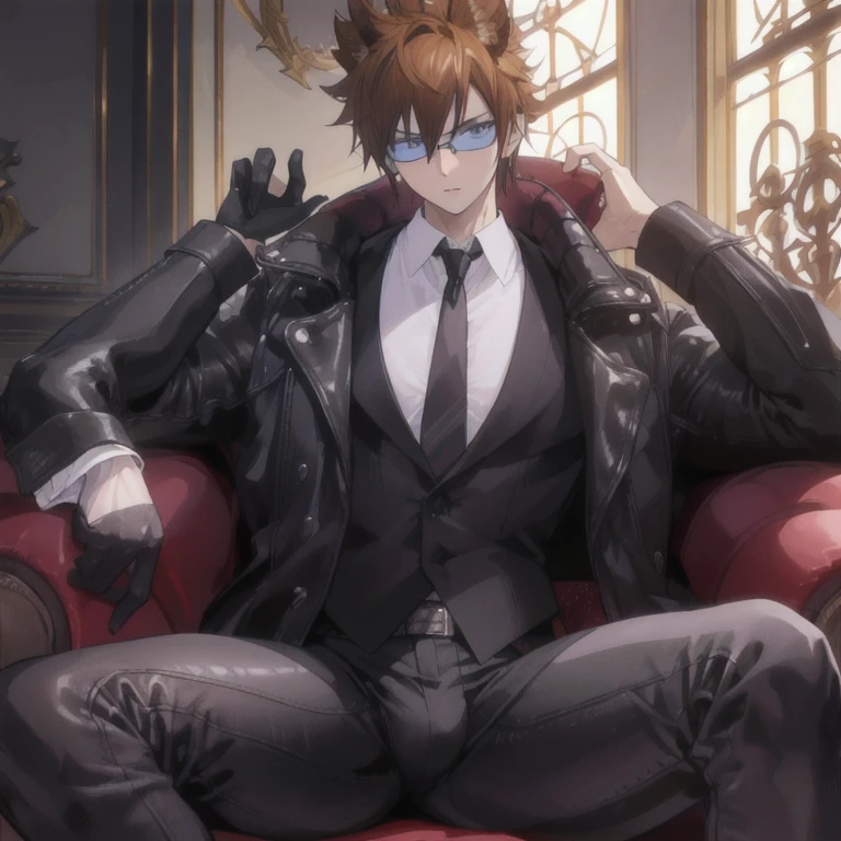 1boy, 16~20 years old, male focus, muscular male, nsfw, 3D, realistic, indoor, normal hue, central, golden ratio, sitting on the leather couch, sharp-featured body, tall, burly, highres, slender build, perfect anatomy, skin texture, thick dark buzzcut hair, see-through bangs, shallow eyebrow, symmetrical eyebrow, large bright eyes, symmetrical eyes, square gold-rimmed glasses, big straight nose, closed mouth, double-edged polearm, broad shoulders, noble attire, bdominal stretch, tight-fitting, leather collar, stand-up collared shirt, necktie, waistcoat, open thickened glossy dark leather jacket, six-pack abs, leather gloves, black trousers, leather belt, spreading long thin legs, large erect penis over 10 inches length and 3 inches width, erection, large scrotum with testicles, masturbation, high-heeled leather boots, soft smile, handsome, powerful, from front, looking ahead at viewer, day, masterpiece, best quality, hyper-detailed, intricate detail, professional photography, matte, bright, the most beautiful ever seen, post processing, dreamatic lighting, ambient lighting, epic composition, ultrawide shot, uplight, raytracing reflections, depth of field, gorgeous background