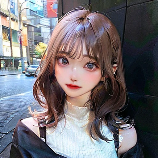 (highest resolution、clear_image)highest quality、woman、very detailed、semi-realistic、light cream hair、short hair、Long neckline、gray eyes、21 years old、shoulder length hair、mature、young、V-neck sweater、exquisite features、Cowboy Shot、Brown Eyes、Waist up shot