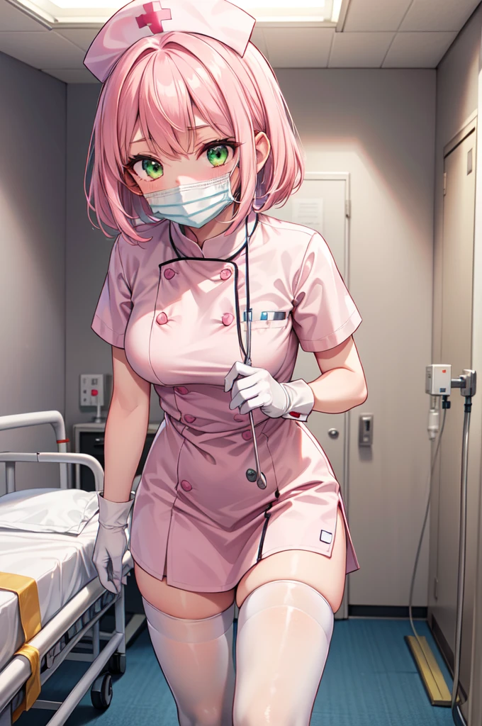 1girl, solo, nurse, white nurse cap, white nurse uniform, ((white legwear, zettai ryouiki)), white gloves, pink hair, green eyes, drooping eyes, ((white surgical mask, covered nose)), standing, ((hospital room)), sharp outline, short sleeves, best quality, masterpiece