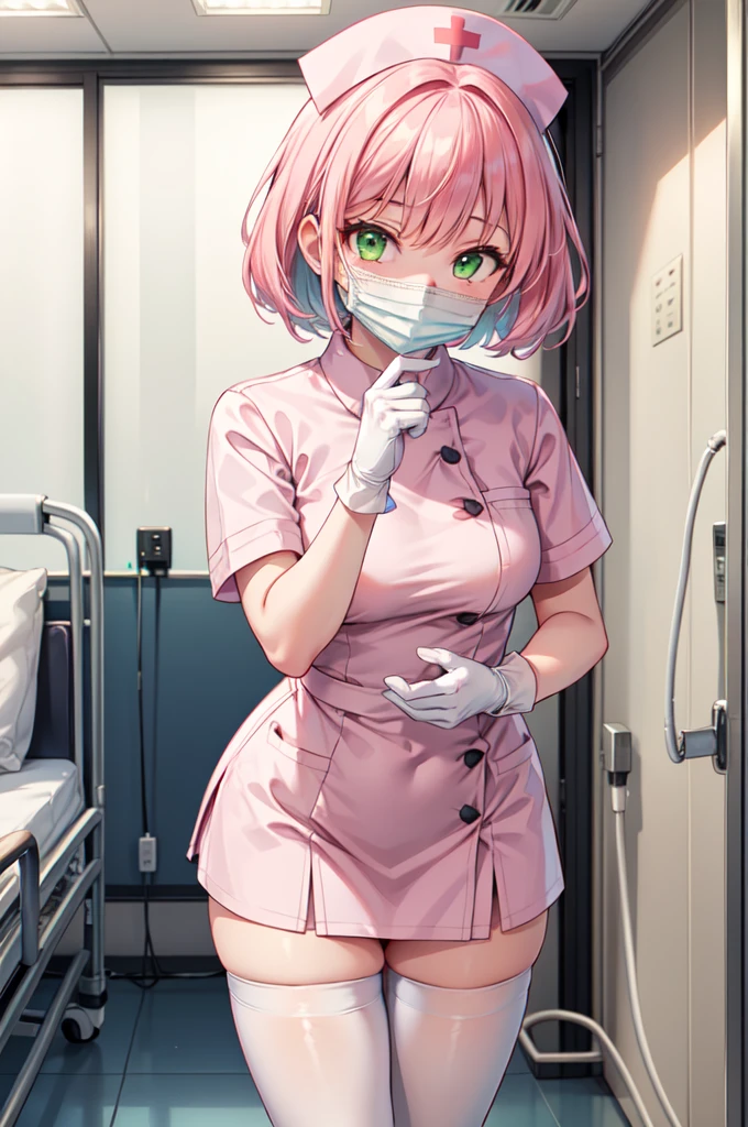 1girl, solo, nurse, white nurse cap, white nurse uniform, ((white legwear, zettai ryouiki)), white gloves, pink hair, green eyes, drooping eyes, ((white surgical mask, covered nose)), standing, ((hospital room)), sharp outline, short sleeves, best quality, masterpiece