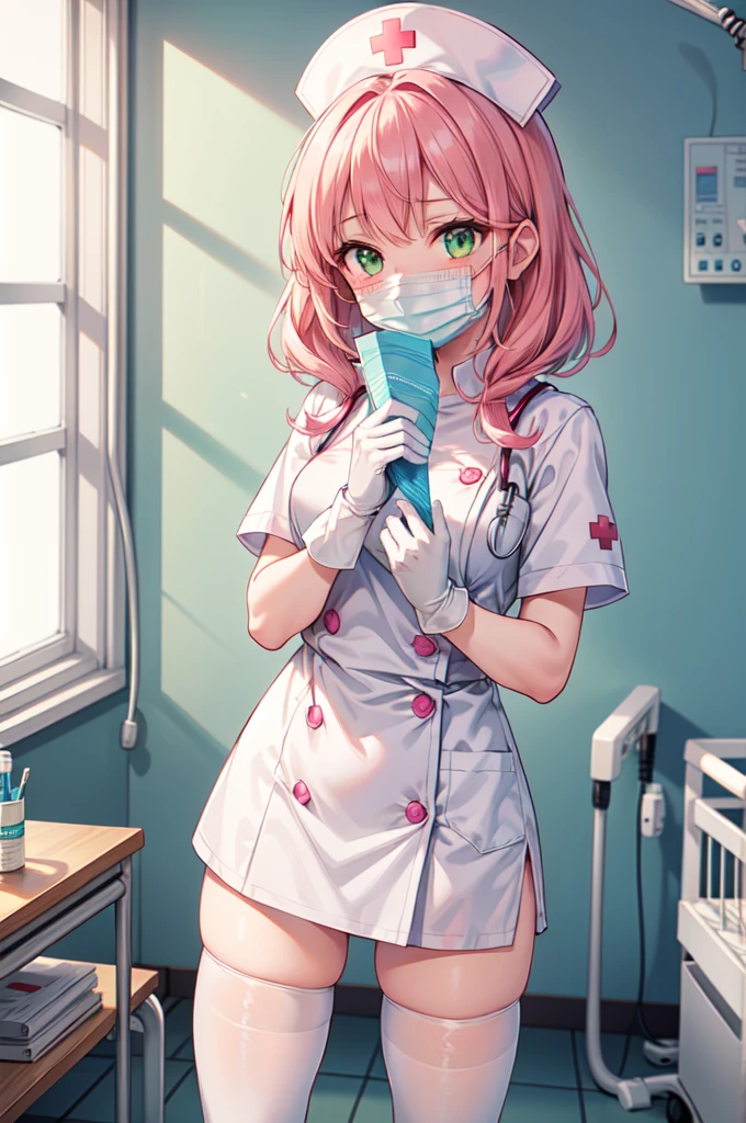 1girl, solo, nurse, white nurse cap, white nurse uniform, ((white legwear, zettai ryouiki)), white gloves, pink hair, green eyes, drooping eyes, ((white surgical mask, covered nose)), standing, ((hospital room)), sharp outline, short sleeves, best quality, masterpiece
