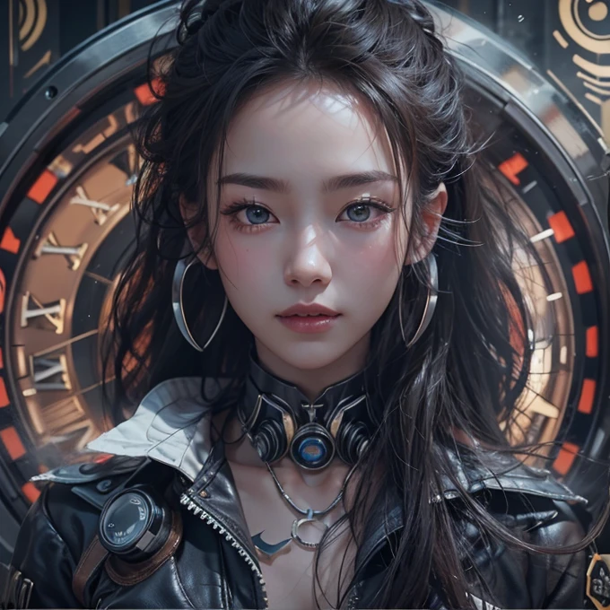 Ride in a time machine 、Hair flow、 ((highest quality、masterpiece、8k、Best image quality、Ultra-high resolution、Award-winning works)、(Accurate anatomy:1.1)、(Look at me and smile:1.1)、Shining fair skin with Ultra-high resolution、The most detailed face、Ultra-high resolution detailed face、Ultra-high resolutionの髪の毛、(Ultra-high resolutionの煌めく瞳:1.1)、Beautiful face drawn in every detail、Cyberpunk Clothing, Chest to chest, Big floating clock