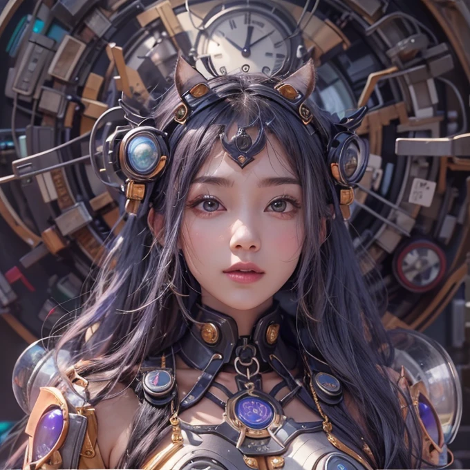 Ride in a time machine 、Hair flow、 ((highest quality、masterpiece、8k、Best image quality、Ultra-high resolution、Award-winning works)、(Accurate anatomy:1.1)、(Look at me and smile:1.1)、Shining fair skin with Ultra-high resolution、The most detailed face、Ultra-high resolution detailed face、Ultra-high resolutionの髪の毛、(Ultra-high resolutionの煌めく瞳:1.1)、Beautiful face drawn in every detail、Cyberpunk Clothing, Chest to chest, Big floating clock