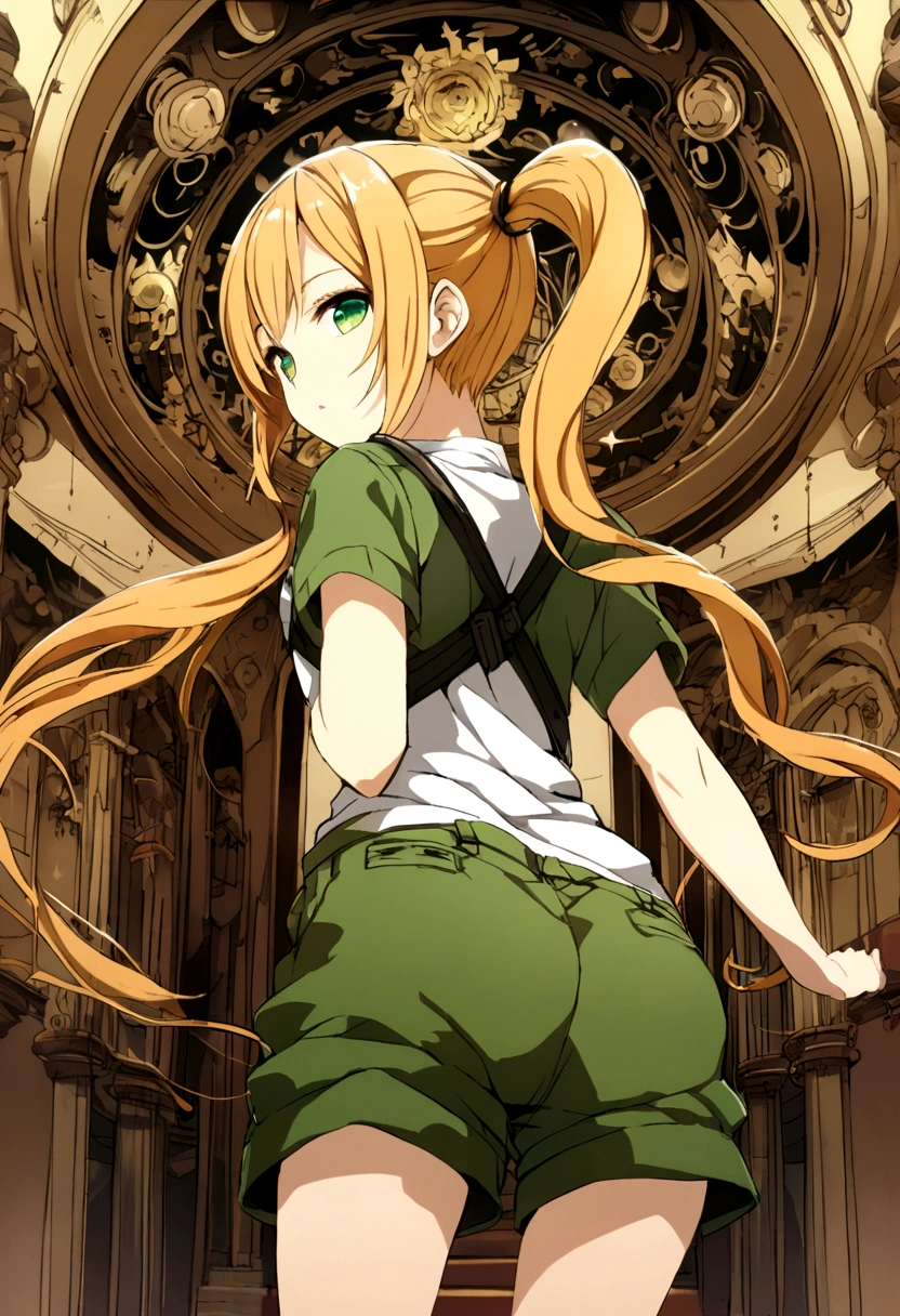orange-blonde hair girl, pigtails to mid-back, green eyes, green jumpsuit, shorts, white t-shirt