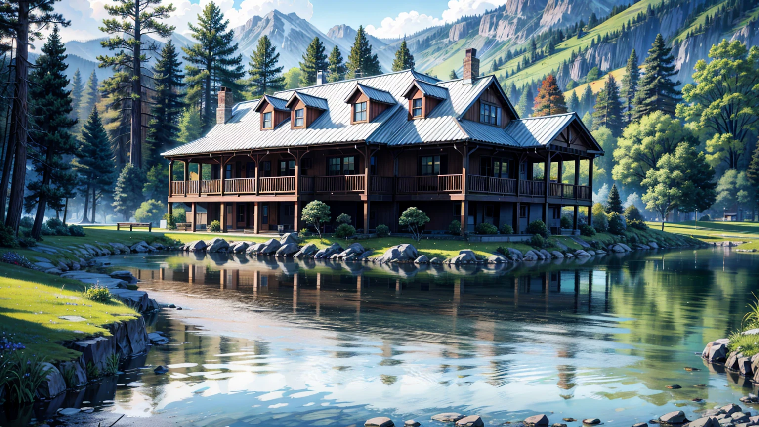 Painting of lake house, Lakeside view,sparkling ,bench,table, fireplace ,pot,Area rugs,Beautiful scenery,Calm lofi atmosphere,stream,4k HD, cloud,Beautiful art UHD 4K, A beautiful artistic illustration, Beautiful digital painting, Highly detailed digital painting, Beautiful digital artwork, Detailed painting 4k, Highly detailed digital painting, The colors are brilliant and rich, Gorgeous numbers