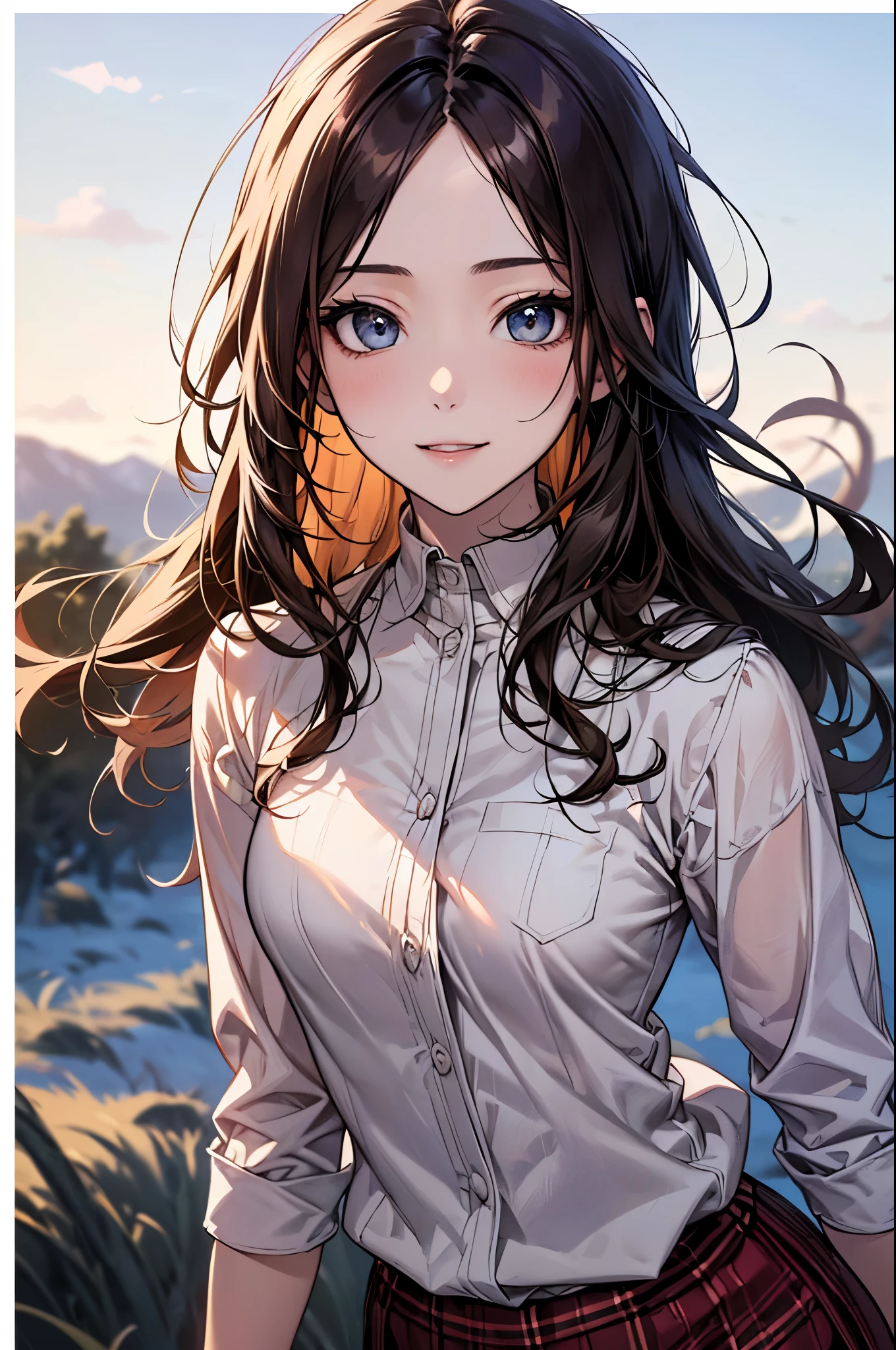 ((Biologically correct limb count))、((whole body including face))、4K、Masterpiece、((Focus on the face))、((Symmetrical, well-proportioned facial features))、Eyes with delicate depictions、(((1 person)))、Beautiful woman、Outstanding style、Slender Body、((skirt、Plaid uniform、shirt、(High heels)))、(smile)、(Close-up photo of the upper body)、High angle、Stop and look up、Photo with white border、、The background is a beautiful landscape