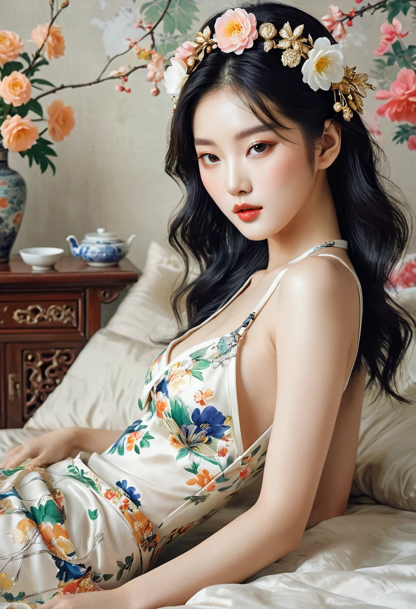 Two women in lingerie lying on the bed with flowers, Inspiration from Yan Juncheng, Yanjun Chengt, painting, Inspiration from Wang Khu, Inspiration from Chen Yifei, Roberto Ferry and Ruean Jia, The girls are resting., Two models in the frame, Two girls, Inspiration from Feng Huazhong, Inspiration from Zhang Xuan, By Dai Xi Close-up of a woman with a flower crown on her head., Asian features, Jinyoung Shin, Inspiration from Yan Juncheng, traditional art, Korean artist, Gorgeous Chinese model, Yanjun Chengt, fan art, By Ni Thian, beautiful south korean women, official artwork, By Woobin, Wen Fei Ye, Popular Korean cosmetics, Asian girl is definitely an abstract retro art print., ????, A girl with beautiful legs wears a sailor's hat., ??????, A painting of a woman wife ((golden ratio}} Lying on the sofa after a night on the town., a painting, a Beautiful expressive painting, malcolm liepke painting, glossy painting, beautiful digital painting, digital art painting, Fine paintings, one color. malcolm liepke oil painting, impressionist painting.Spread your ??????????., Beautiful and delicate face, Beautiful skin