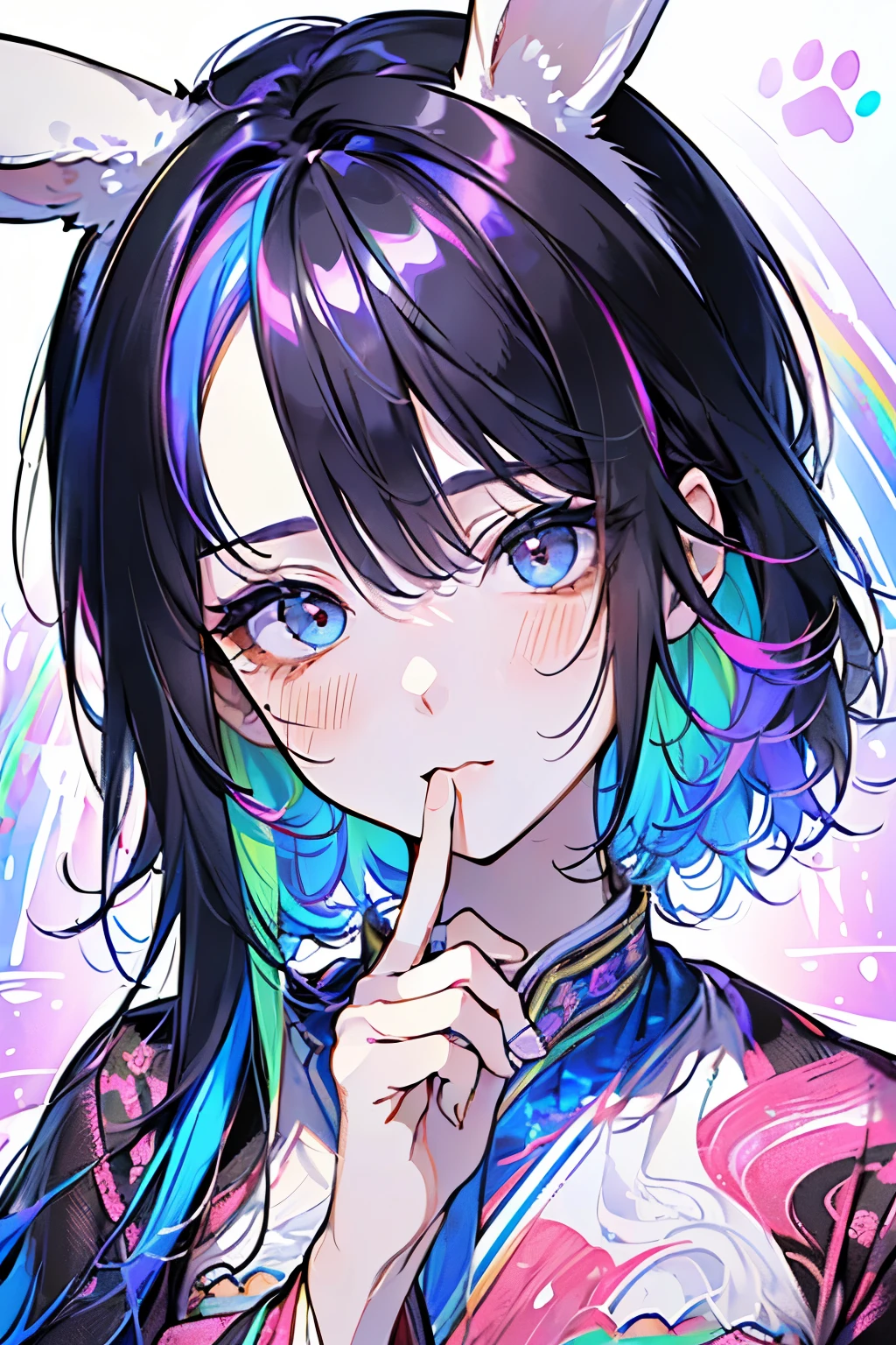 ,(((male:1.3))),((Rainbow hair:1.3)),(Shiny marble eyes:1.45),(forehead mark),(NSFW:1.15),((rabbit ears:1.2)),(A lustrous, soft face:1.4),((blush、Waiting for a half-open kiss、Excited face:1.2)),((head down:1.3)),((POP and cute animal footprint background:1.25)),((Gorgeous Arabian costume:1.3)),(yellow、LightBlue、purple、white、pink),(hand to own mouth:1.35)