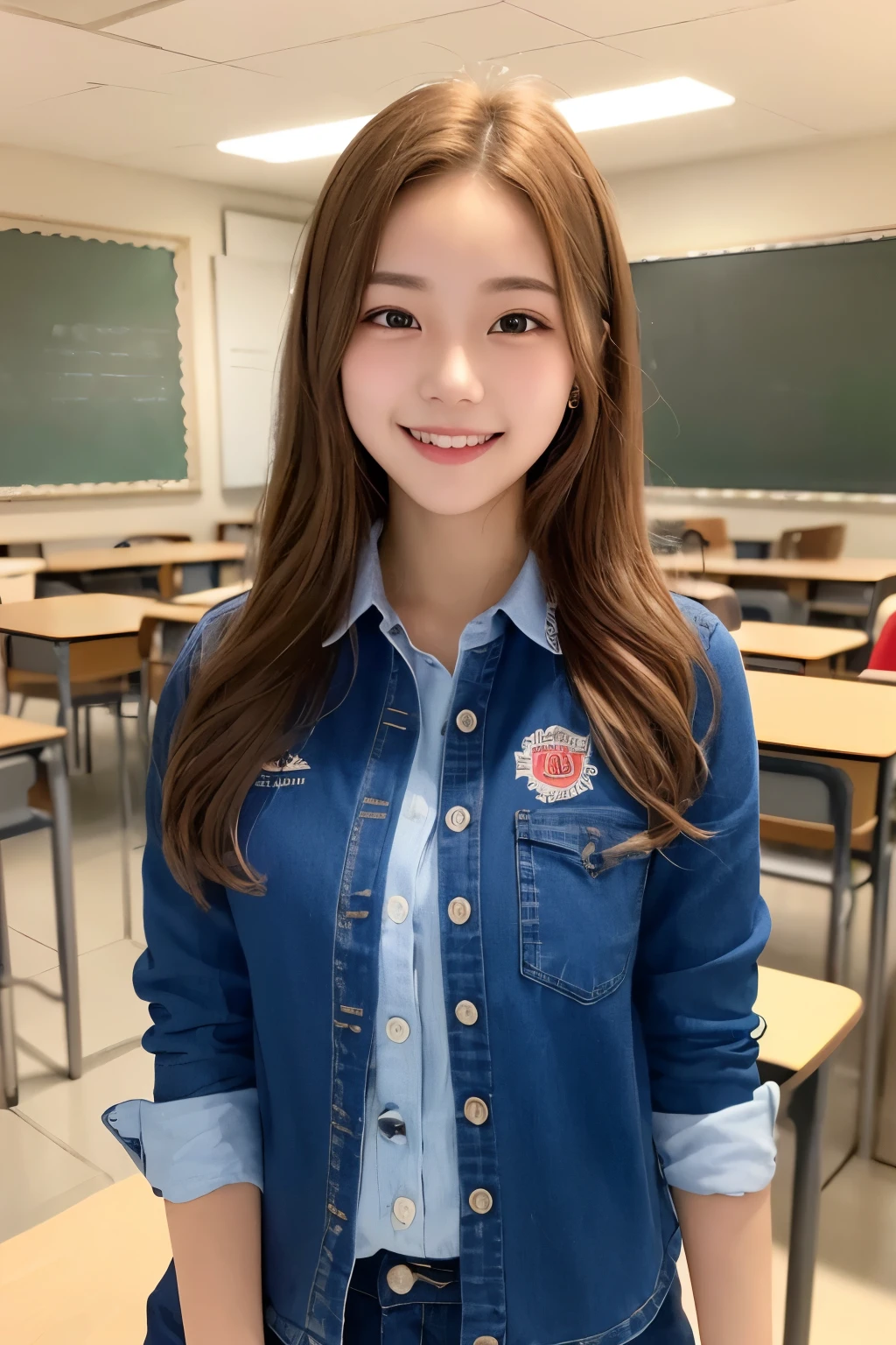 girl single, beautiful face, 18 years old, smiling, looking viewer, , uniform, photo, realistic, best quality, adopted, detailed face, classroom, detailed background, diffuse lighting, depth of field, bokeh