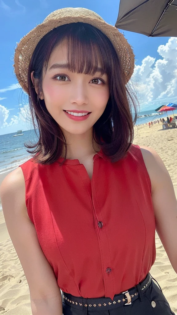 One girl, masterpiece, high quality, High resolution, monkey_d_Luffy, Straw hat, gender swap, (Red Shirt:1.5), (Open shirt:1.5),(Sleeveless shirt:1.5),  Outdoor, Big Breasts, Cleavage, slender waist,whole body,  null, cloud, Complex background, Warm Light, white mesh panty, (Top crop:1.2), Covered nipples,  (short hair,no part hair:1.25) (Ocean:1.3), Beach,(dark brown skin,tanned skin
:1.55)、(Droopy eyes, Natural Makeup、Ultra-high definition beauty face:1.35)、(Ultra high resolution perfect beautiful teeth, Mid-chest, Tight waist,laugh smile:1.15)、Use natural light and color,lity glossy lip
