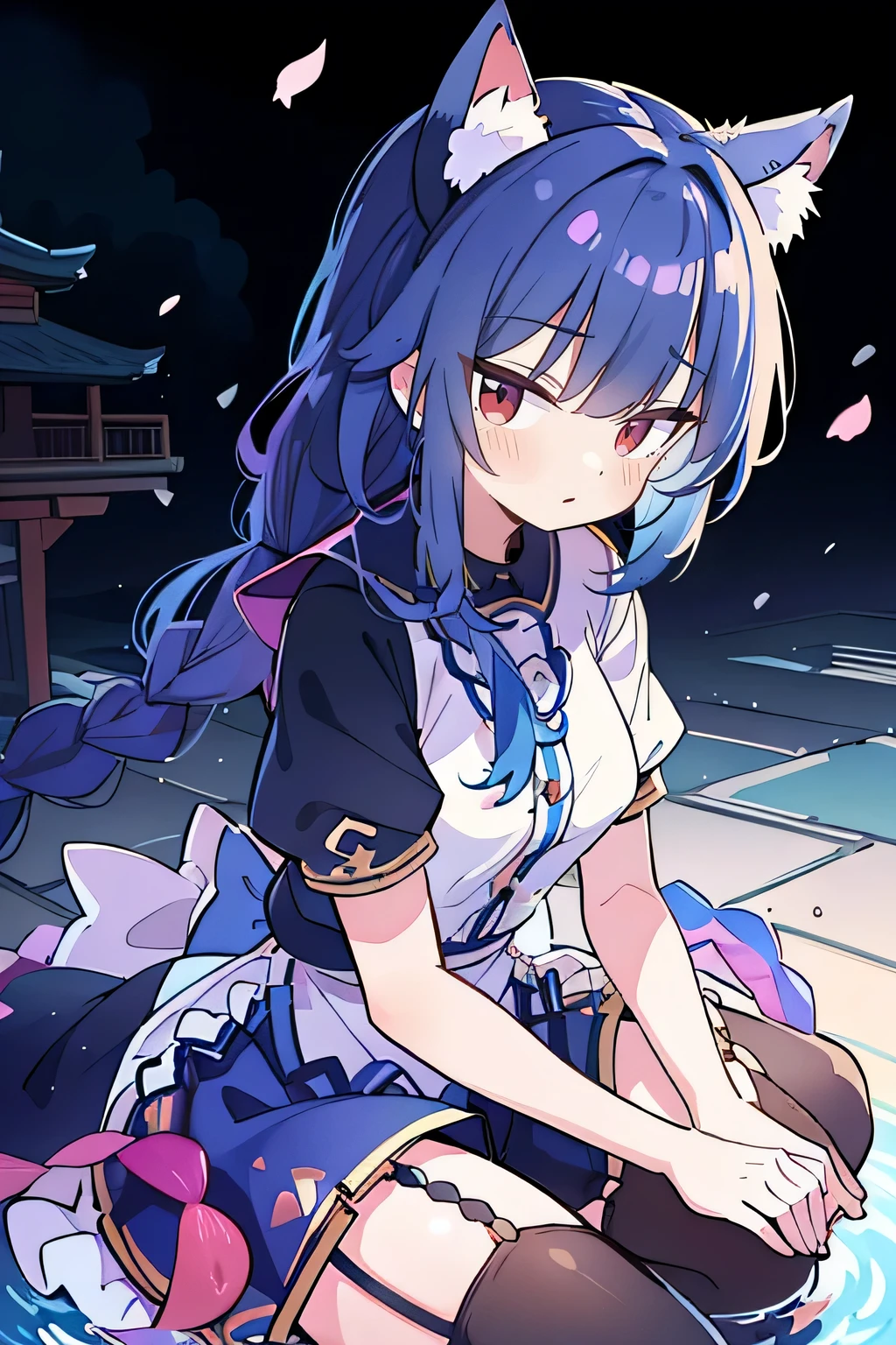 （masterpiece：1.2），Super detailed，lifelike，Expressive eyes，fair skin，perfect face shape，1 girl，
Japanese comics,Gorgeous blue hair,flowing blue hair,flowing clothes,Cat ears,Petals fall,beautiful lola,Baby Angel,
Shaking head with one hand，Cross your legs，Gentle and peaceful background，The pavilion is cool and comfortable,smile, wearing hoodie, background of tokyo,back views,snowing, winter,lie on the water.(Best Quality: 1.3), (Masterpiece: 1.3), (Illustration: 1.3), (Ultra Detailed: 1.3), (Imide Lens: 0.9), 1girl, Medium Breasts, Purple Eyes, ((Dark Blue Hair) ), hair accessories, young, clothing-gladiia, long hair, dark blue hair, indoors, black shorts, high socks, low ponytail, expressionless, upper body, close-up, coat, skirt,fgo style,like \(destiny\), like Adult, hair length, underwear, masterpiece, Top quality, 1 Girl, looking at the audience,(((braid)))、shameful face、Embarrassed face、Long body、huge 、