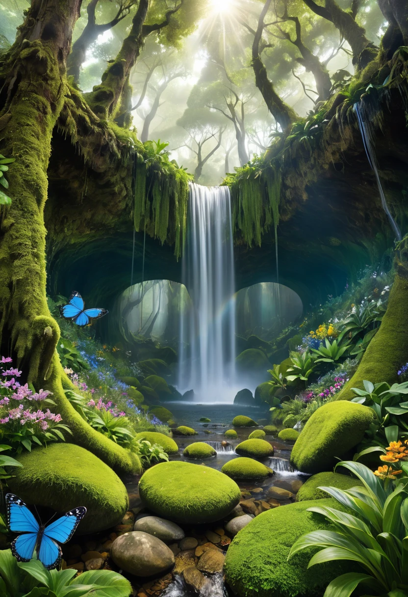 creates an image of an anime-like landscape of a place where vegetation grows in abundance and life flourishes in every corner. This mini world is dominated by ancient forests, with trees so tall that their tops seem to touch the sky. Los troncos, gruesos y nudosos, They are covered in moss and vines, y las ramas se extienden formando un dosel verde que filtra la luz del sol, creando un ambiente de penumbra tranquila y fresca.Las flores de todos los colores imaginables salpican el suelo del bosque, creating a vibrant and fragrant tapestry Small clearings open from time to time, revelando prados llenos de mariposas y otros insectos que polinizan las plantas. In the heart of Sylvanis, se encuentra un lago de aguas cristalinas, tan transparentes que se puede ver el fondo cubierto de piedras y algas. En el centro del lago, una majestuosa cascada cae desde una gran altura, creando un arco iris constante en su neblina. El sonido del agua cayendo es constante y relajante, filling the air with a feeling of peace.Sin embargo, Sylvanis is not without dangers. Criaturas misteriosas habitan en las sombras del bosque, algunas benignas y otras no tanto. It is said that guardian spirits, que protegen la naturaleza del lugar, vigilan a los visitantes, dispuestos a intervenir si perciben una amenaza. The oldest and largest trees, conocidos como los Guardianes de Sylvanis, They are sacred and are believed to possess ancient wisdom.