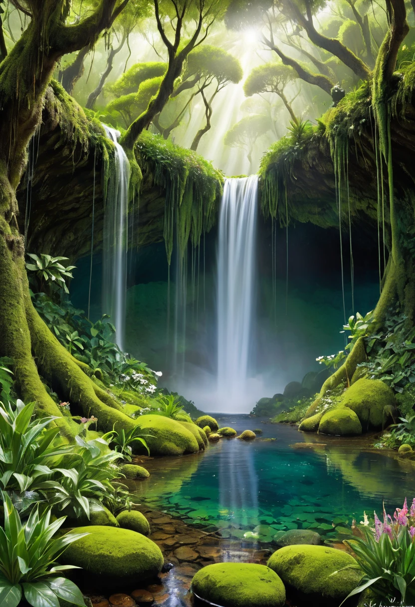 creates an image of an anime-like landscape of a place where vegetation grows in abundance and life flourishes in every corner. This mini world is dominated by ancient forests, with trees so tall that their tops seem to touch the sky. Los troncos, gruesos y nudosos, They are covered in moss and vines, y las ramas se extienden formando un dosel verde que filtra la luz del sol, creando un ambiente de penumbra tranquila y fresca.Las flores de todos los colores imaginables salpican el suelo del bosque, creating a vibrant and fragrant tapestry Small clearings open from time to time, revelando prados llenos de mariposas y otros insectos que polinizan las plantas. In the heart of Sylvanis, se encuentra un lago de aguas cristalinas, tan transparentes que se puede ver el fondo cubierto de piedras y algas. En el centro del lago, una majestuosa cascada cae desde una gran altura, creando un arco iris constante en su neblina. El sonido del agua cayendo es constante y relajante, filling the air with a feeling of peace.Sin embargo, Sylvanis is not without dangers. Criaturas misteriosas habitan en las sombras del bosque, algunas benignas y otras no tanto. It is said that guardian spirits, que protegen la naturaleza del lugar, vigilan a los visitantes, dispuestos a intervenir si perciben una amenaza. The oldest and largest trees, conocidos como los Guardianes de Sylvanis, They are sacred and are believed to possess ancient wisdom.