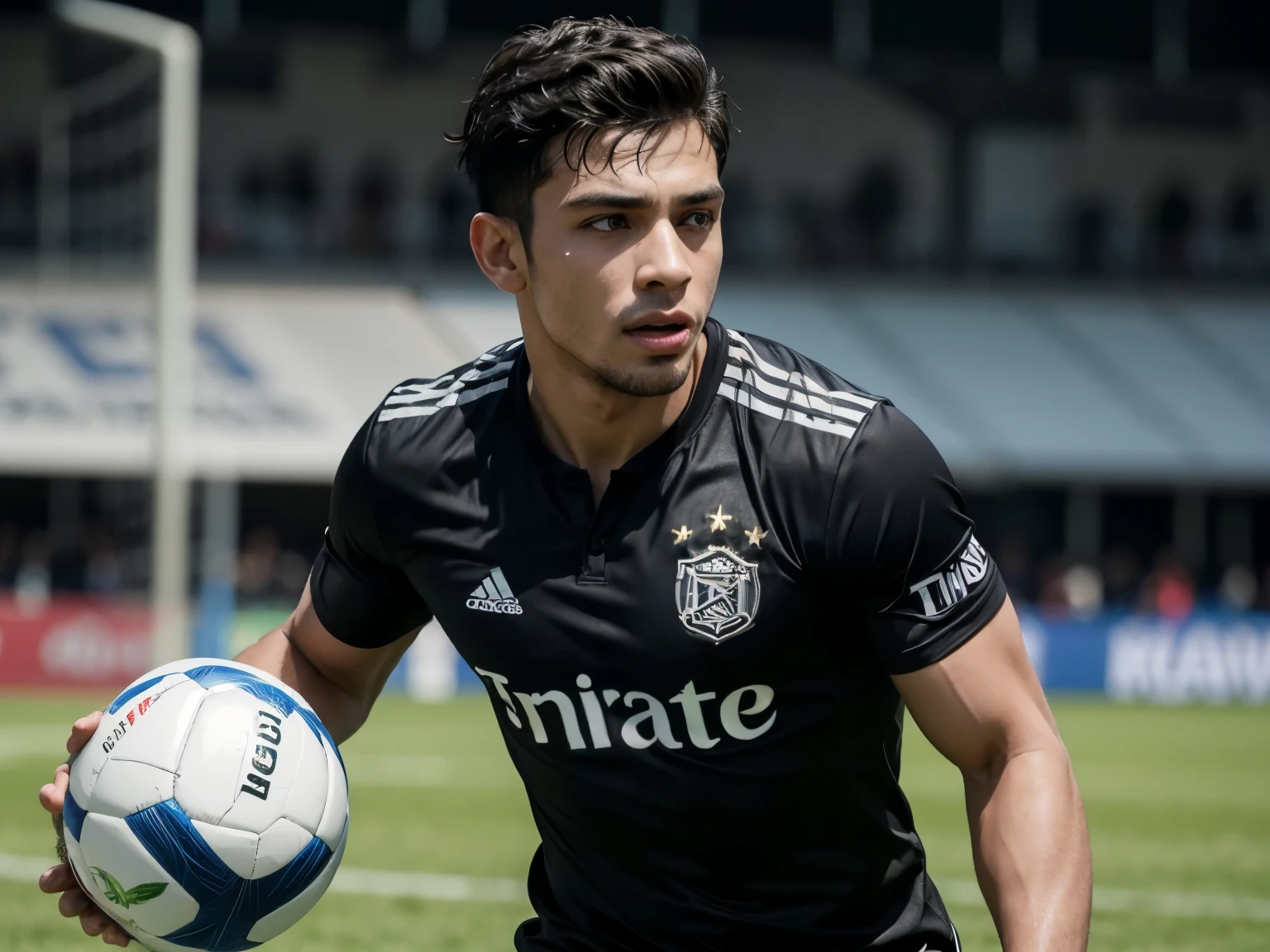 crie um garoto negro de costas jogando futebol com uma camisa branca