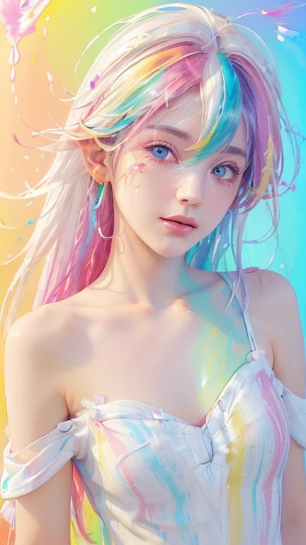 (Pink Fashion T-shirt:1.9),(Colorful hair: 1.8), (all the colours of the rainbow: 1.8),(((((vertical painting:1.6))), (painting:1.6),front, comics, illustrations, paintings, large eyes, crystal clear eyes,( rainbow color gradient high ponytail:1.7), exquisite makeup, closed mouth,(Small Fresh: 1.5),(Wipe Chest: 1.6) ,long eyelashes, white off shoulder T-shirt, White Shoulder Shirt,looking at the audience, large watery eyes, (rainbow colored hair:1.6), color splash, (solo:1.8), color splash, color explosion, thick paint style, messy lines, ((shining)),(colorful), (colorful), (colorful), colorful, Thick Paint Style, (Splash) (Color Splash), Vertical Painting, Upper Body, Paint Splash, Acrylic Pigment, Gradient, Paint, Highest Image Quality, Highest Quality, Masterpiece, Solo, Depth of Field, Face Paint, colorful clothes, (Elegant: 1.2), gorgeous,long hair, wind, (Elegant: 1.3), (Petals: 1.4),(((masterpiece))),(((best quality))),((ultra-detailed)),(illustration),(dynamic angle),((floating)),(paint),((disheveled hair)),(solo),(1girl) , (((detailed anima face))),((beautiful detailed face)),collar,bare shoulders,white hair, ((colorful hair)),((streaked hair)),beautiful detailed eyes,(Gradient color eyes),(((colorful eyes))),(((colorful background))),(((high saturation))),(((surrounded by colorful splashes))),