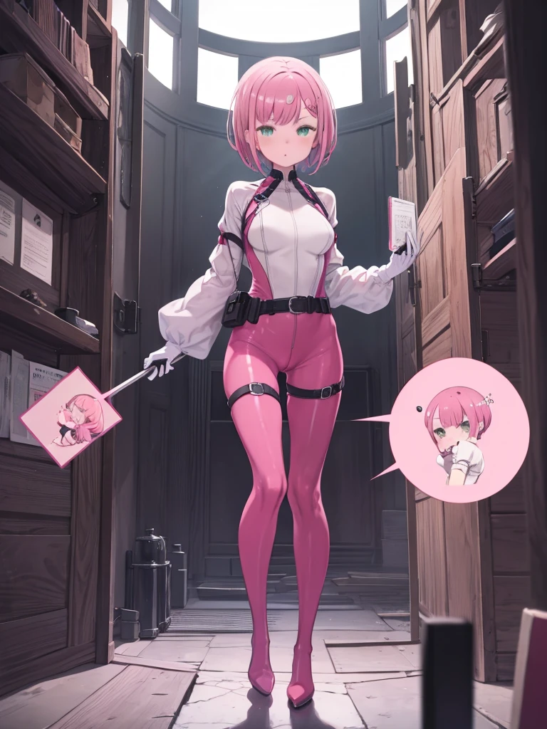 swelling_bad, One girl, alone,short hair, Green Eyes, Pink Hair, boots, belt,Bodysuits, thigh boots, purple boots, pink Bodysuits,White shirt,White gloves
