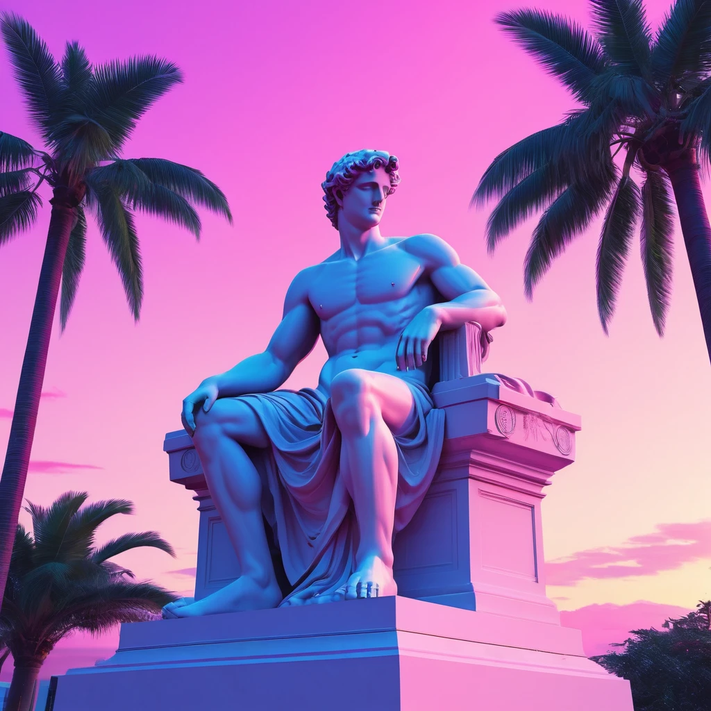 Create a stunning scene featuring a classical marble statue infused with vaporwave aesthetics. The statue should be of a regal figure, reminiscent of ancient Greek or Roman sculptures, but with a modern twist. Surround the statue with vibrant, neon-colored elements such as palm trees, geometric shapes, and retro computer graphics. Incorporate a gradient sunset sky in the background, blending pinks, purples, and blues. Add digital glitches and a grid-like floor to enhance the retro-futuristic feel. Use bold, contrasting colors and a mix of classical and digital textures to create a visually striking and nostalgic atmosphere that embodies the essence of vaporwave.