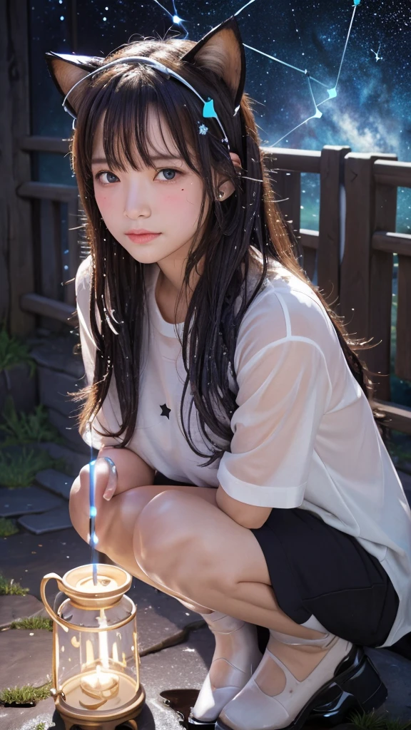 , Beauty, with cows , close up, Blushed face, Crouching, wet, Cat ears, Starry Sky, (constellation:1.3)