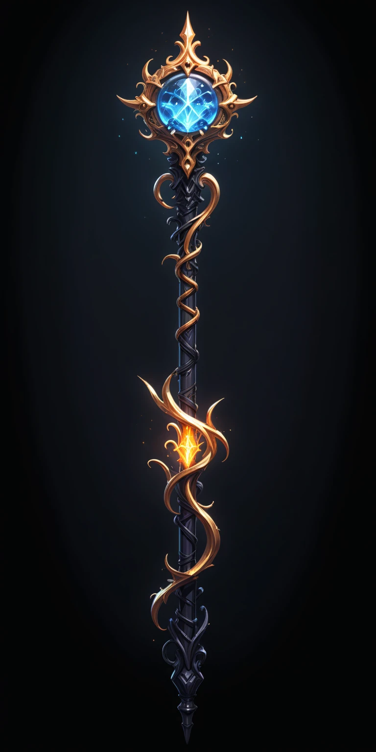 pixel art, cartoon illustration, Divine glavie greatstaff, Powerfull Magical theme, simple black background, RPG game icon