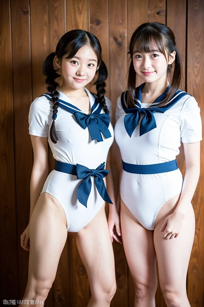 2 girls standing in wooden school classroom,short-sleeved white sailor leotard with blue frills,plaid bow tie,18-year-old,bangs,a little smile,large bare thighs,knees,spreading legs apart,short hair with low pigtails,from before,front light