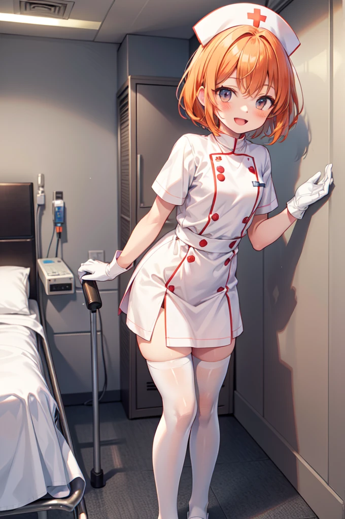 1boy, solo, male focus, nurse, white nurse cap, white nurse uniform, ((white legwear, zettai ryouiki)), white gloves, short hair, orange hair, smile, open mouth, standing, ((hospital room)), sharp outline, short sleeves, shota, 12 years old, best quality, masterpiece