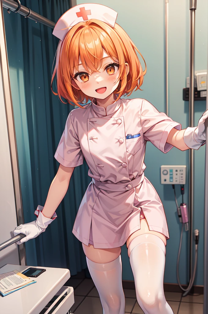 1boy, solo, male focus, nurse, white nurse cap, white nurse uniform, ((white legwear, zettai ryouiki)), white gloves, short hair, orange hair, smile, open mouth, standing, ((hospital room)), sharp outline, short sleeves, shota, , best quality, masterpiece