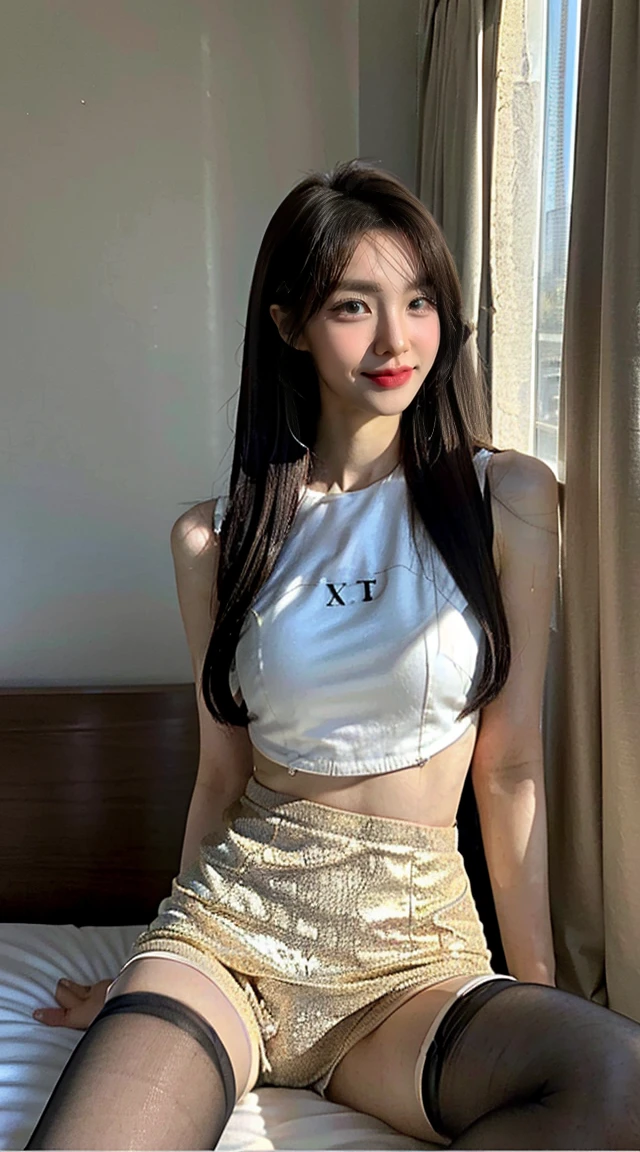 ((Best image quality)、Korean 20 years old、At a private luxury hotel, NFSW, high resolution, Natural and smooth implementation, head and body balance、Perfect 바디 뷰티:1.4、slim、thin legs、((dark brown hair、very small breasts:1.2))、, Highly detailed face and skin textures、eye for detail、shy smile、Perfect 、with legs spread, lighting areola、Aiming to become a gravure idol、An angle slightly lower than the front、top quality、reality、open crotch、cute appearance、small ass、K-pop makeup、embarrassed expression、thin waist, White and clear skin, cute belly fat, chubby, Narrow pelvis, hairstyle for long hair, wet, natural implementation, pantyhose, Sexy lingerie, bed, Temptation, band stockings, gatherbelt, slim 허벅지, skinny body type, delicate, Small pelvis, Asian body