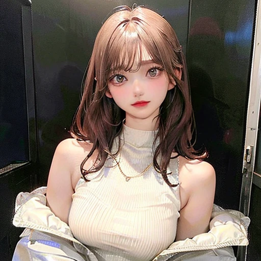 (highest resolution、clear_image)highest quality、woman、very detailed、semi-realistic、light cream hair、short hair、Long neckline、gray eyes、21 years old、shoulder length hair、mature、young、V-neck sweater、exquisite features、Cowboy Shot、Brown Eyes、Waist up shot