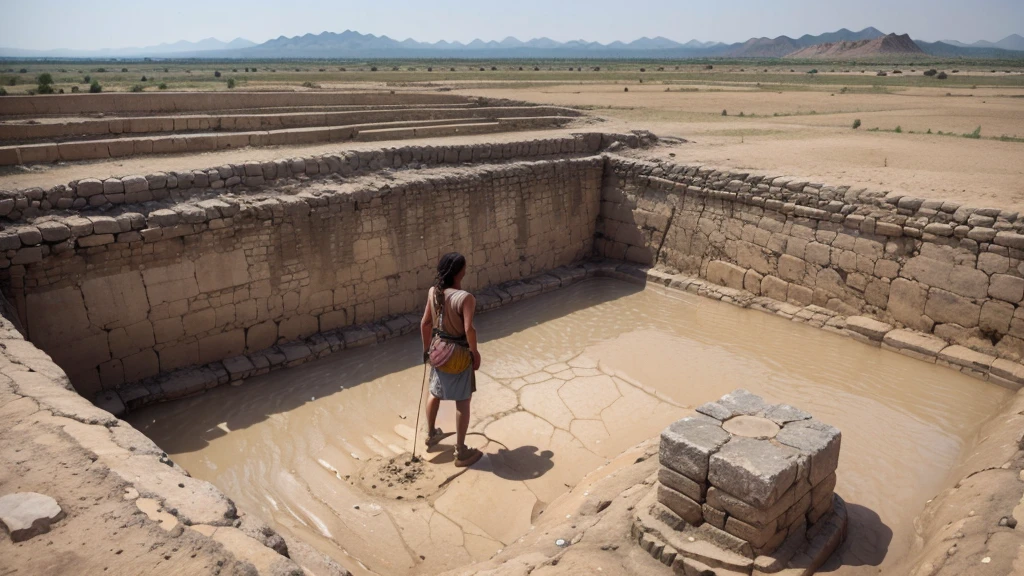 An ancient city with parched ground due to lack of water with people desperate for help