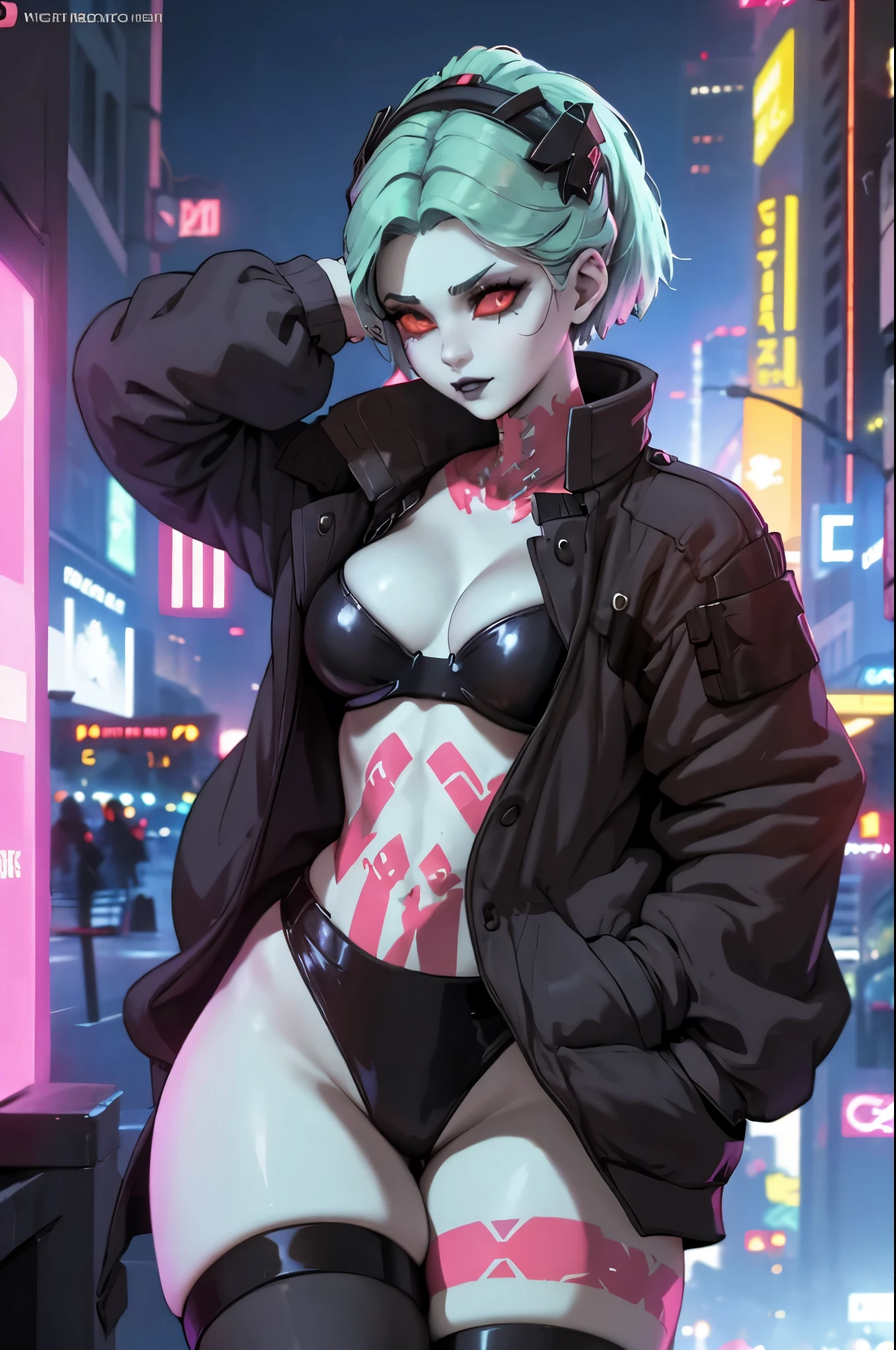 sexy girl, black lipstick, short hair, black stockings, thick ass, clothes, solo, cyberpunk, cyberpunk style, clothes in cyberpunk style. Fully dressed
