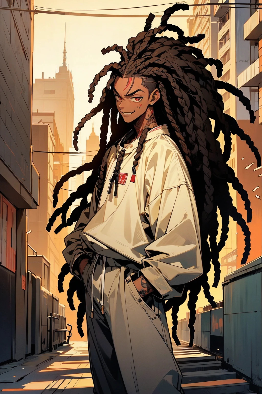 1male, dark skin, dreadlocks, grinning, golden eyes, white shirt, red lined jacket, baggy jogger pants, tattoos, city background, detailed background, hands to side, standing on path