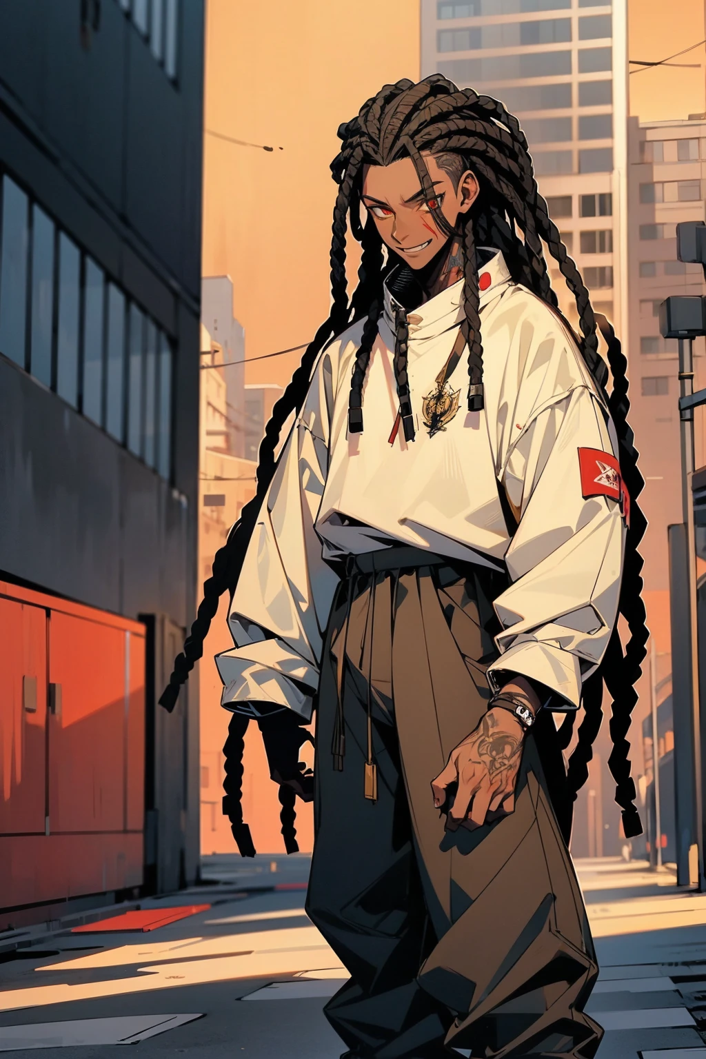 1male, dark skin, dreadlocks, grinning, golden eyes, white shirt, red lined jacket, baggy jogger pants, tattoos, city background, detailed background, hands to side, standing on path