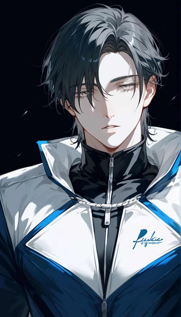 masterpiece, Score_9, Score_8_up, Score_7_up, front view, 1 man, alone, black hair with silver, short layered haircut, gray eyes, half-closed eyes, parted lips, expressionless, pale skin, jumpsuit top, black background, best quality.