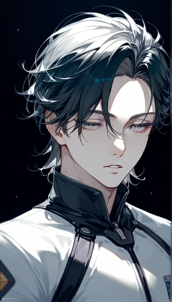 masterpiece, Score_9, Score_8_up, Score_7_up, front view, 1 man, alone, black hair with silver, short layered haircut, gray eyes, half-closed eyes, parted lips, expressionless, pale skin, jumpsuit top, black background, best quality.