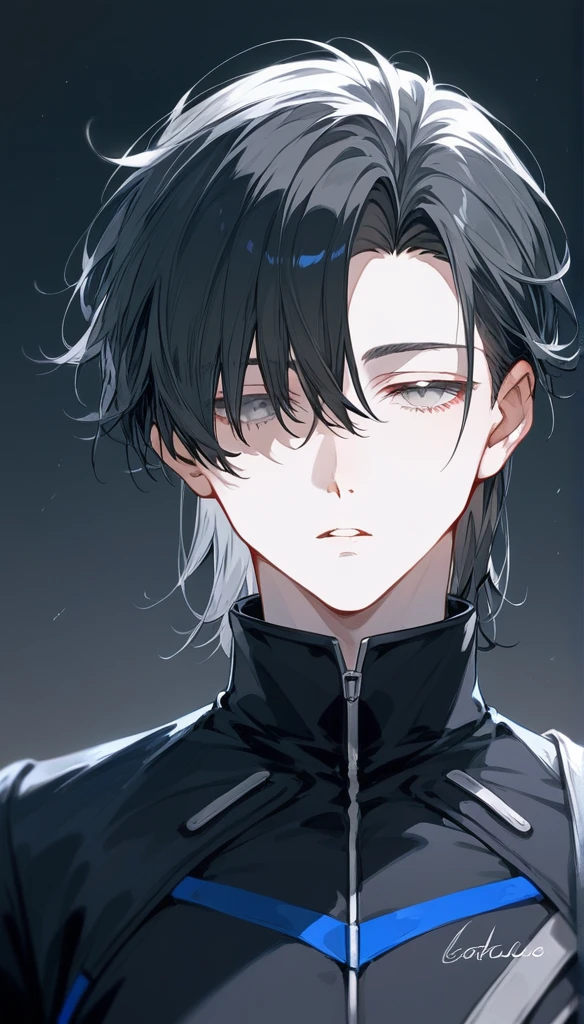 masterpiece, Score_9, Score_8_up, Score_7_up, front view, 1 man, alone, black hair with silver, short layered haircut, gray eyes, half-closed eyes, parted lips, expressionless, pale skin, jumpsuit top, black background, best quality.