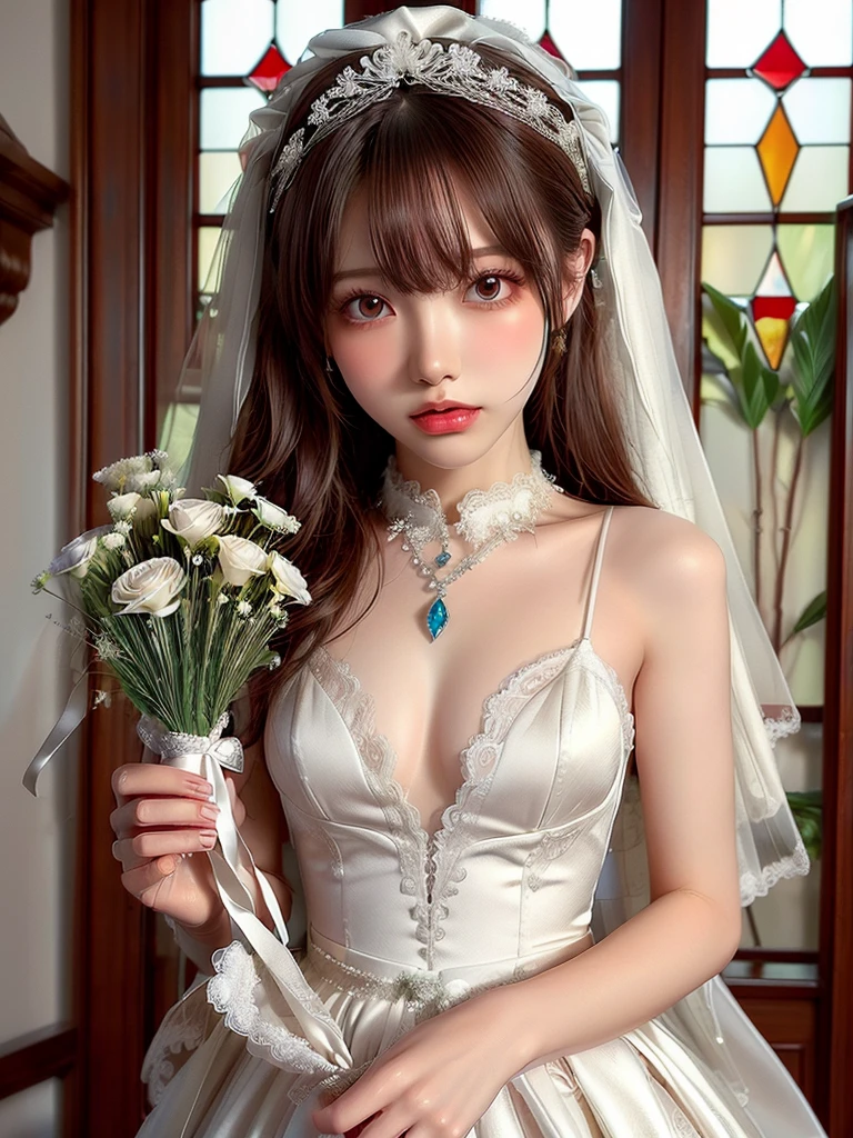 ((highest quality)),(超A high resolution),(Very detailed),(Detailed Description),((The best CG)),(masterpiece),Very detailedなアート、Small 、Whitening 1.5、Clear skin quality、(((Full upper body nude 1.、Racing High Leg、hair ornaments、(1.5)))Tying up hair、((( 1.5)))、Glitter Necklace、Ultimate Beauty 1.5(((Wedding Dress 1.5)))、((Bouquet bouquet))、(Stained glass)、church、