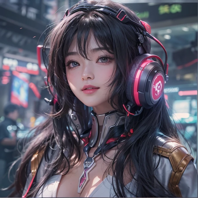 Ride a Time Machine 、Hair flows、 ((highest quality、masterpiece、8k、best image quality、ultra high resolution、Award-winning work)、(accurate anatomy:1.1)、(look at me and smile:1.1)、Shining fair skin with ultra high resolution、most detailed face、ultra high resolution detailed face、ultra high resolutionの髪の毛、(ultra high resolutionの煌めく瞳:1.1)、Beautiful face drawn in every detail、cyberpunk clothes, chest together, a large clock floating