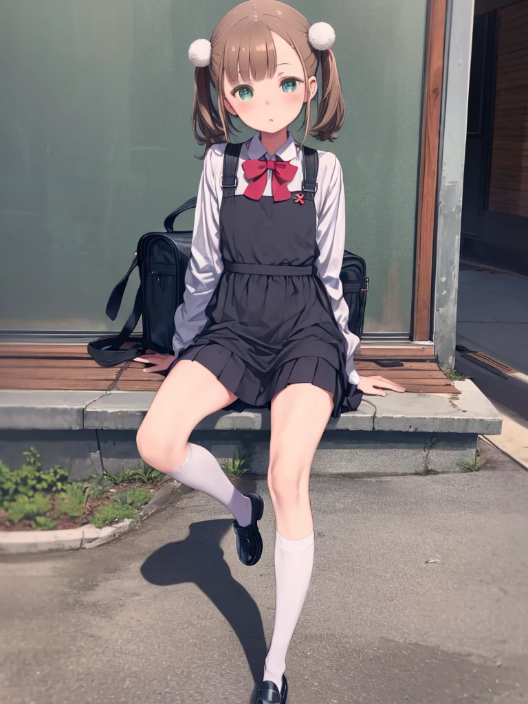 One girl,highest quality,Super detailed,High resolution,(photoRealistic, Realistic, photo-Realistic:1.2),(9,Flat Chest),bangs,(smile:0.3),,shigure ui (virtual),Dilapidated,,Backpack,bag,bangs,Black Dress,Black footwear,blush,Pompom hair ornament,Collared shirt,Green Eyes,Knee-high,Light brown hair,loafers,Long sleeve,Apron dress,Pleated dress,school bag,Red Bow,,Sleeveless dress,Twin tails,White legwear,White shirt,anime