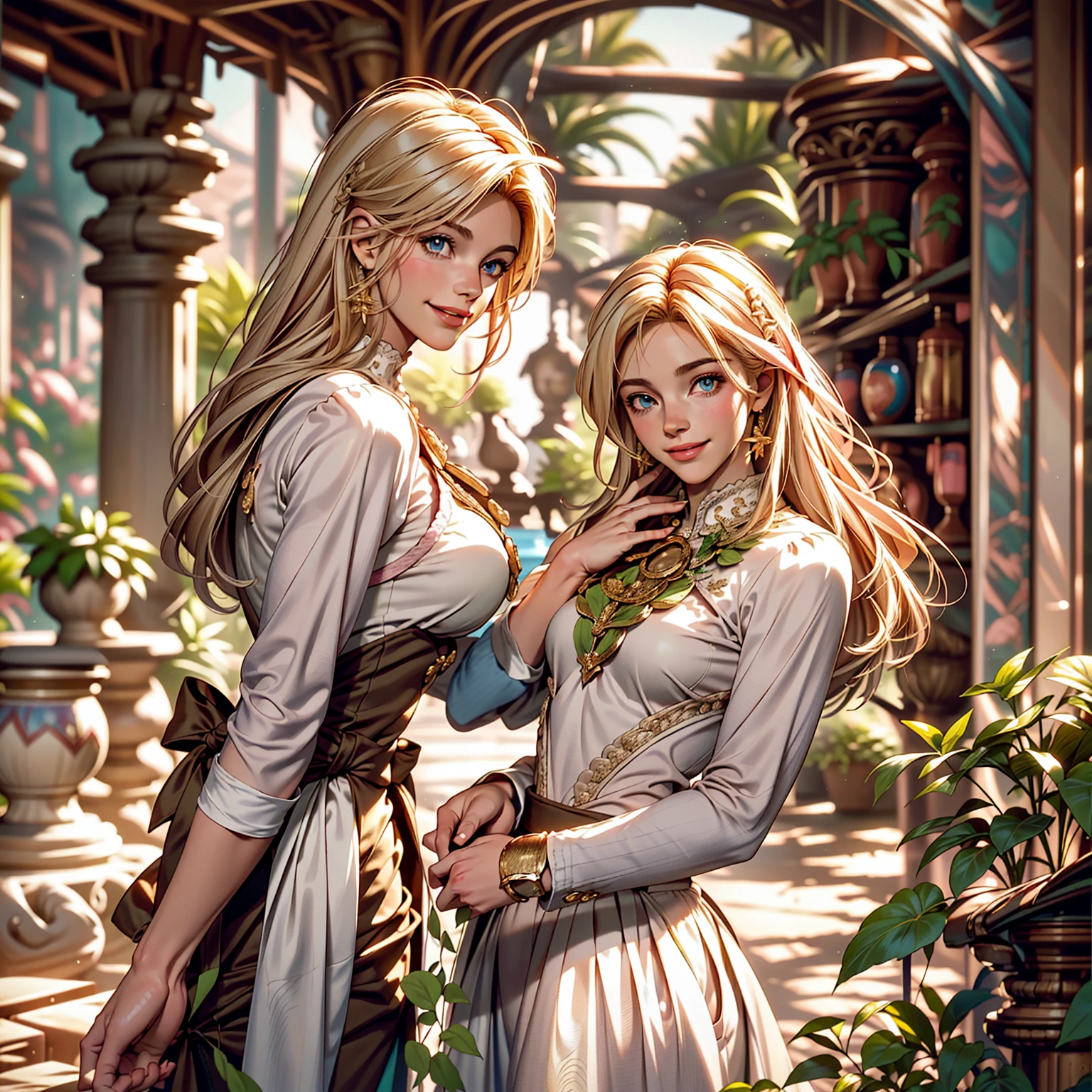 Delicate and beautiful CG art),(highest quality, Very detailed, High resolution),(Dynamic Angle, Dynamic Lighting),(One character),(Long pink and blonde hair), blue eyes, Beautiful Face), 1 girl, (Long sideburns, plant, smile, wear Classic jodhpurs, stable, smooth hand