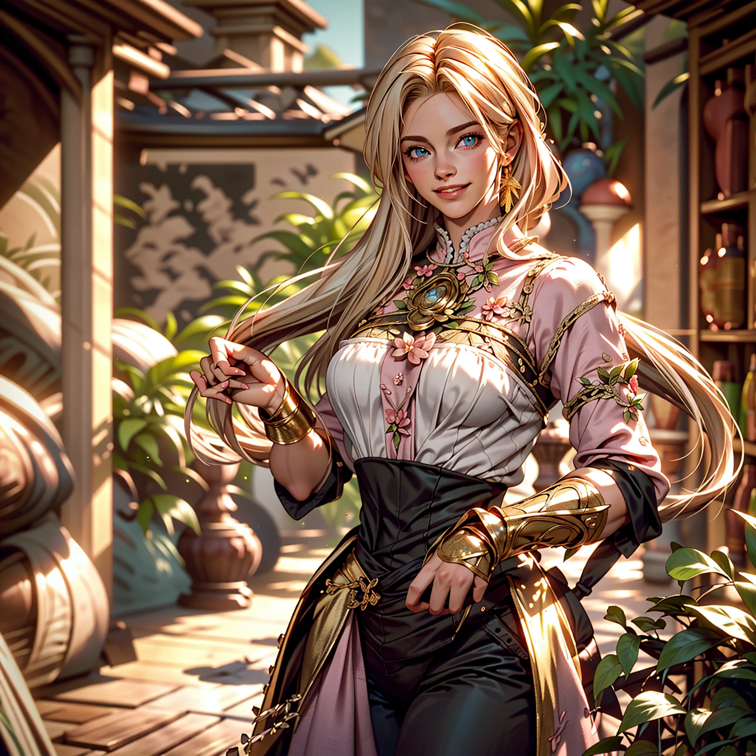 Delicate and beautiful CG art),(highest quality, Very detailed, High resolution),(Dynamic Angle, Dynamic Lighting),(One character),(Long pink and blonde hair), blue eyes, Beautiful Face), 1 girl, (Long sideburns, plant, smile, wear Classic jodhpurs, stable, smooth hand