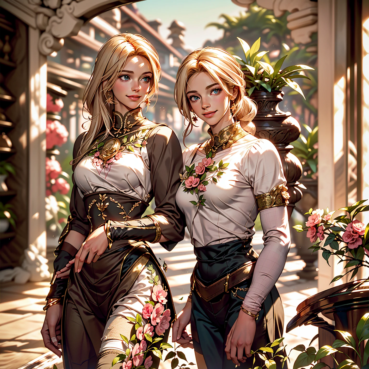 Delicate and beautiful CG art),(highest quality, Very detailed, High resolution),(Dynamic Angle, Dynamic Lighting),(One character),(Long pink and blonde hair), blue eyes, Beautiful Face), 1 girl, (Long sideburns, plant, smile, wear Classic jodhpurs, stable, smooth hand