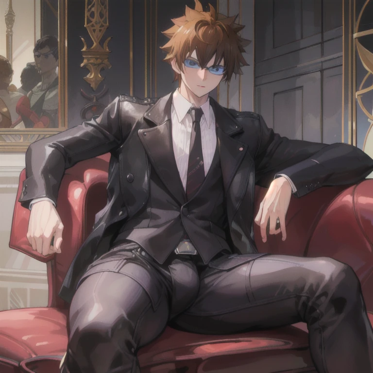 1boy, 16~20 years old, male focus, muscular male, nsfw, 3D, realistic, indoor, normal hue, central, golden ratio, sitting on the leather couch, sharp-featured body, tall, burly, highres, slender build, perfect anatomy, skin texture, thick dark buzzcut hair, see-through bangs, shallow eyebrow, symmetrical eyebrow, large bright eyes, symmetrical eyes, square gold-rimmed glasses, big straight nose, closed mouth, double-edged polearm, broad shoulders, noble attire, bdominal stretch, tight-fitting, leather collar, stand-up collared shirt, necktie, waistcoat, open thickened glossy dark leather jacket, six-pack abs, leather gloves, black trousers, leather belt, spreading long thin legs, large erect penis over 10 inches length and 3 inches width, erection, large scrotum with testicles, masturbation, high-heeled leather boots, soft smile, handsome, powerful, from front, looking ahead at viewer, day, masterpiece, best quality, hyper-detailed, intricate detail, professional photography, matte, bright, the most beautiful ever seen, post processing, dreamatic lighting, ambient lighting, epic composition, ultrawide shot, uplight, raytracing reflections, depth of field, gorgeous background