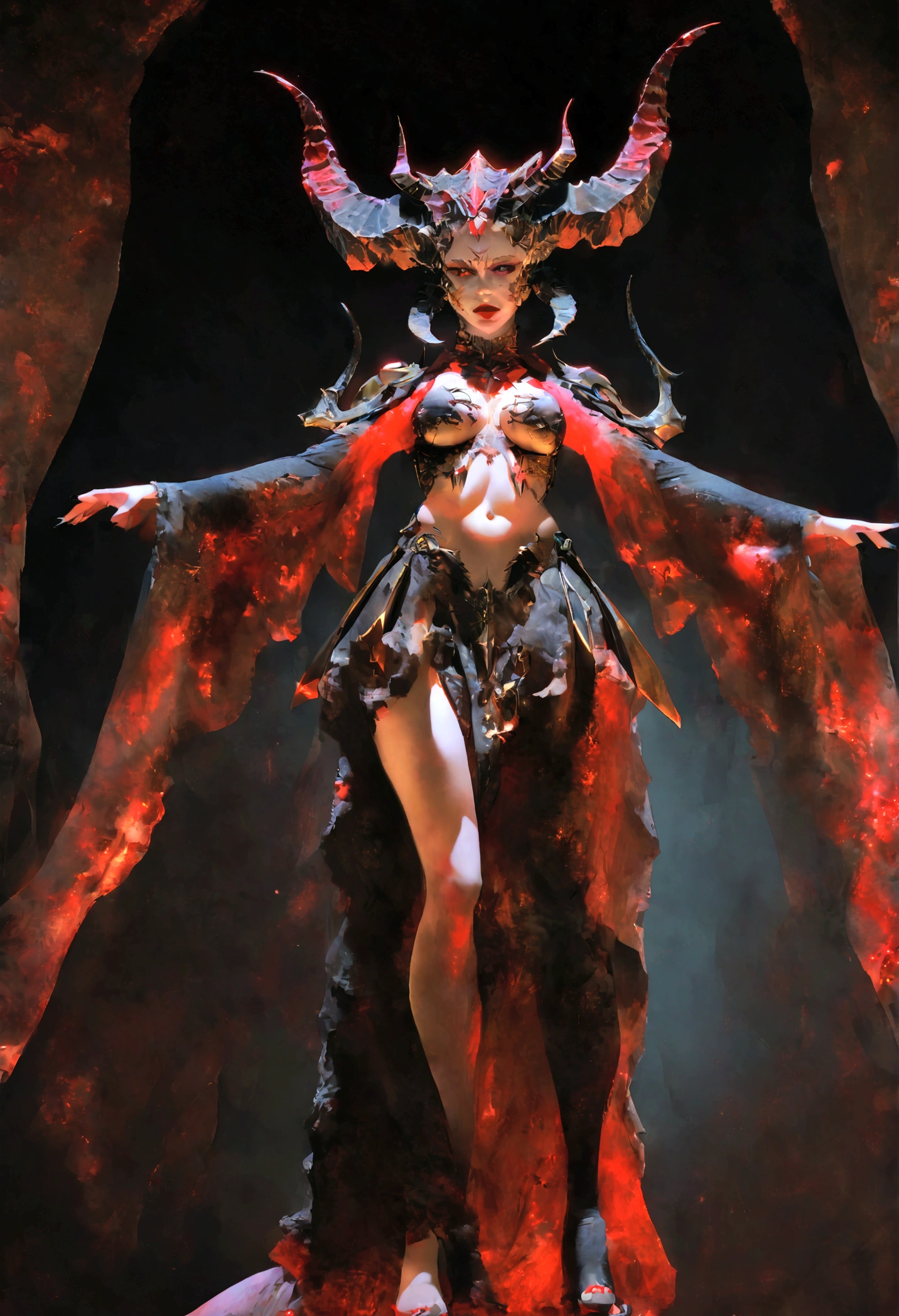 Create an image of a stunningly beautiful gorgeous perfect sexy evil sadistic lillith, detailed perfect gorgeous face, detailed vibrant eyes, full body view, large demonic horns, long tail, heavy metal bikini armor, 