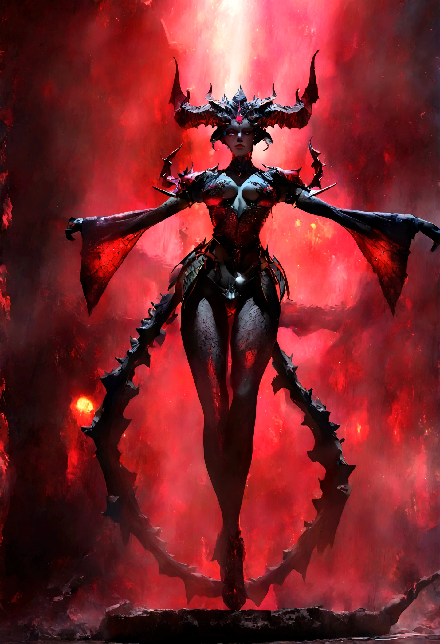 Create an image of a stunningly beautiful gorgeous perfect sexy evil sadistic lillith, detailed perfect gorgeous face, detailed vibrant eyes, full body view, large demonic horns, long tail, heavy metal bikini armor, 