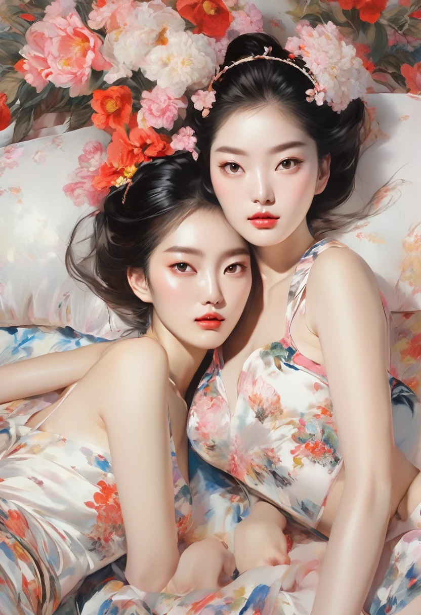 Two women in lingerie lying on the bed with flowers, Inspiration from Yan Juncheng, Yanjun Chengt, painting, Inspiration from Wang Khu, Inspiration from Chen Yifei, Roberto Ferry and Ruean Jia, The girls are resting., Two models in the frame, Two girls, Inspiration from Feng Huazhong, Inspiration from Zhang Xuan, By Dai Xi Close-up of a woman with a flower crown on her head., Asian features, Jinyoung Shin, Inspiration from Yan Juncheng, traditional art, Korean artist, Gorgeous Chinese model, Yanjun Chengt, fan art, By Ni Thian, beautiful south korean women, official artwork, By Woobin, Wen Fei Ye, Popular Korean cosmetics, Asian girl is definitely an abstract retro art print., sexy, A girl with beautiful legs wears a sailor's hat., bikini, A painting of a woman wife ((golden ratio}} Lying on the sofa after a night on the town., a painting, a Beautiful expressive painting, malcolm liepke painting, glossy painting, beautiful digital painting, digital art painting, Fine paintings, one color. malcolm liepke oil painting, impressionist painting.Spread your legs apart., Beautiful and delicate face, Beautiful skin