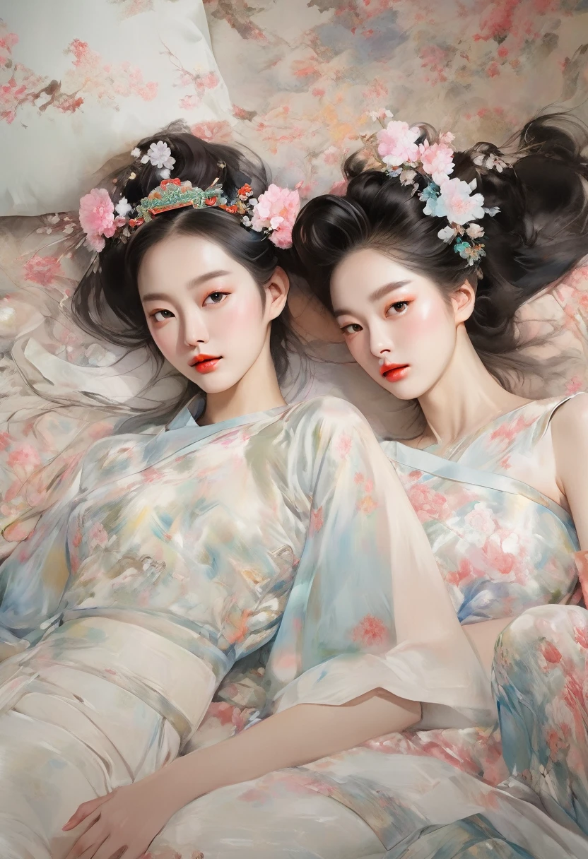 Two women in lingerie lying on the bed with flowers, Inspiration from Yan Juncheng, Yanjun Chengt, painting, Inspiration from Wang Khu, Inspiration from Chen Yifei, Roberto Ferry and Ruean Jia, The girls are resting., Two models in the frame, Two girls, Inspiration from Feng Huazhong, Inspiration from Zhang Xuan, By Dai Xi Close-up of a woman with a flower crown on her head., Asian features, Jinyoung Shin, Inspiration from Yan Juncheng, traditional art, Korean artist, Gorgeous Chinese model, Yanjun Chengt, fan art, By Ni Thian, beautiful south korean women, official artwork, By Woobin, Wen Fei Ye, Popular Korean cosmetics, Asian girl is definitely an abstract retro art print., sexy, A girl with beautiful legs wears a sailor's hat., bikini, A painting of a woman wife ((golden ratio}} Lying on the sofa after a night on the town., a painting, a Beautiful expressive painting, malcolm liepke painting, glossy painting, beautiful digital painting, digital art painting, Fine paintings, one color. malcolm liepke oil painting, impressionist painting.Spread your legs apart., Beautiful and delicate face, Beautiful skin