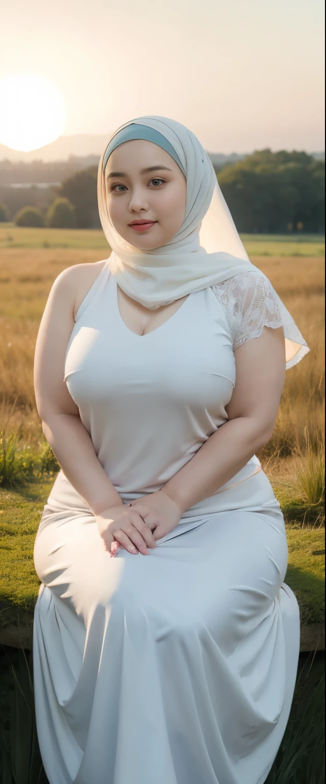 ( Close Up),RAW, Best quality, high resolution, works: 1.3), Beautiful Malay woman in hijab, Masterpiece, fit body, big breasts, beautiful big eyes, Soft smile, beautiful face, woman sitting at a table in a green meadow, traditional beauty, moment sunset, in the field, in the countryside, beautiful woman, with the sunset, wearing a soft long dress, muslim,, hijab, beautiful woman, with a beautiful appearance, a very beautiful masterpiece, a masterpiece of art, good lighting, Bright colors, Clean lines, chubby body, wide chubby hips, chubby arm, chubby massive thighs , massive cleavage , massive armpits , white armpits , armpit hair , extra-large cleavage, full body , milky white skin , open legs, armpit